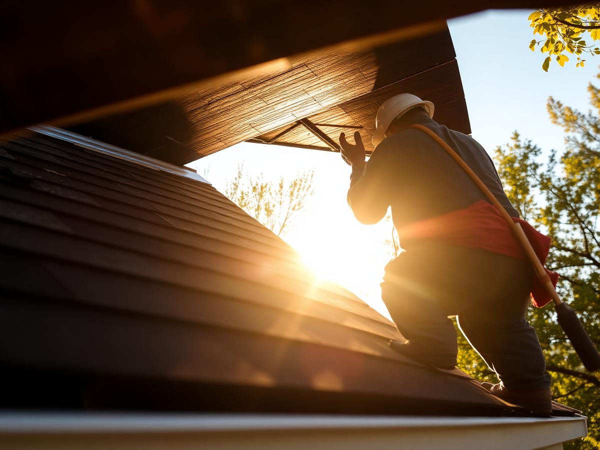 Roof repair in progress at golden hour